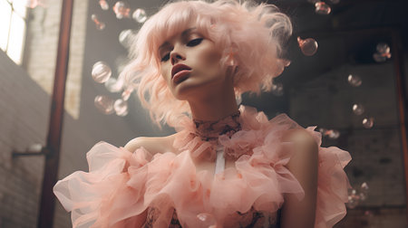 Fashion shot of a beautiful young woman with pink hair and makeup.の素材