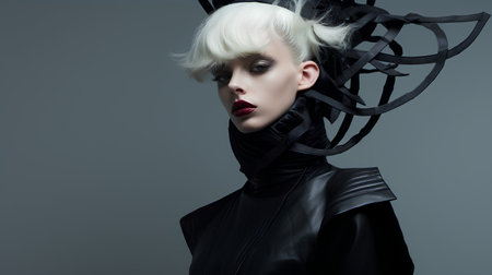 Portrait of a beautiful young woman with white hair and make-up in a black leather jacket.の素材