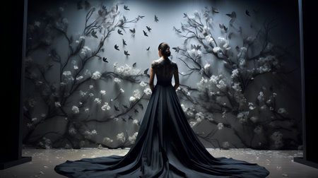 Beautiful brunette woman in black evening dress standing in dark room with white flowersの素材