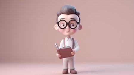 3D Render of a nerd with glasses and a book in his handの素材