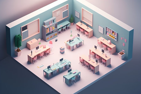 Office interior isometric view with furniture, table, chairs and other objectsの素材
