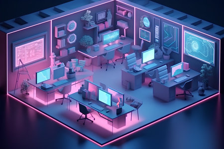 3d isometric office interior with furniture and equipment in ultraviolet lightの素材