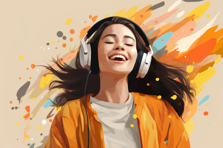 Happy young woman listening to music with headphones. Colorful background with copy space. Vector illustration.の素材