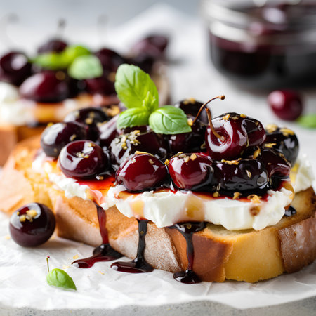 Bruschetta with cherry, cottage cheese and berry sauceの素材