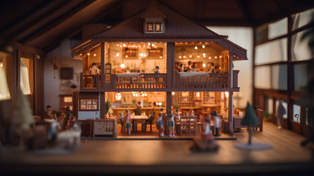 Miniature people on the background of the interior of the restaurant.の素材