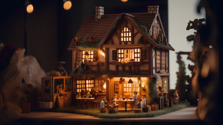 Model of a wooden house on a dark background. Decorations for the holiday.の素材