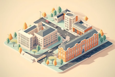 Isometric school building in the city. 3d vector illustration.の素材