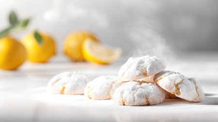 Lemon cookies sprinkled with powdered sugar on a white wooden background.の素材