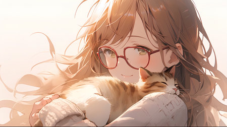 Cute little girl with a cat in her arms. Soft colors.の素材