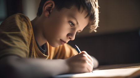 Cute little boy doing his homework at home. Boy sitting at the table and writing in notebook.の素材