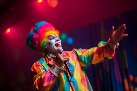 Portrait of a clown in a colorful suit performing on stage.の素材