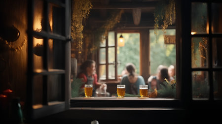 Beer glasses in a pub or restaurant on a background of people.の素材