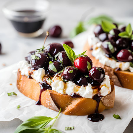 Bruschetta with ricotta, cherries and black olivesの素材