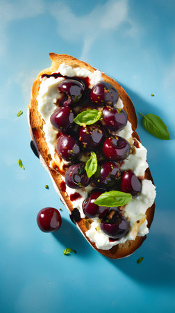 Toast with black and red olives, feta cheese and basil on blue backgroundの素材