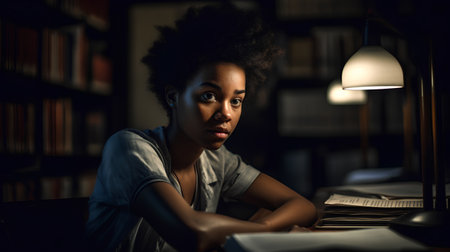 Young african american woman studying at night in a library.の素材
