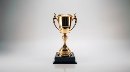 3D rendering of a golden trophy cup on a white background.の素材