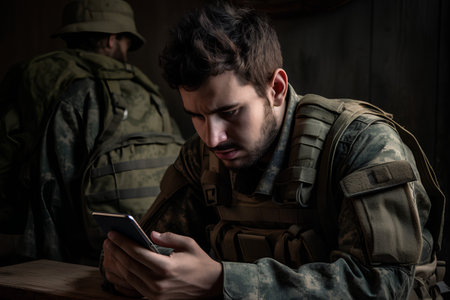 Portrait of a young soldier using a mobile phone in a dark roomの素材