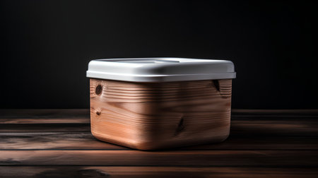 Wooden container for coffee on a wooden table. Black background.の素材