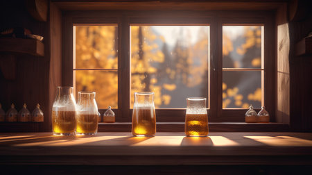 Two transparent bottles of cold beer on the windowsill. 3D renderingの素材