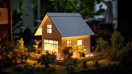 Miniature model of a house in the garden at night. 3D rendering.の素材