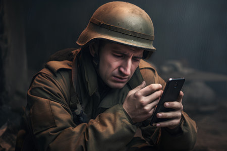 Portrait of a soldier in a military uniform with a phone.の素材