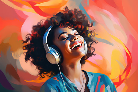 Portrait of beautiful african american woman listening to music with headphones.の素材
