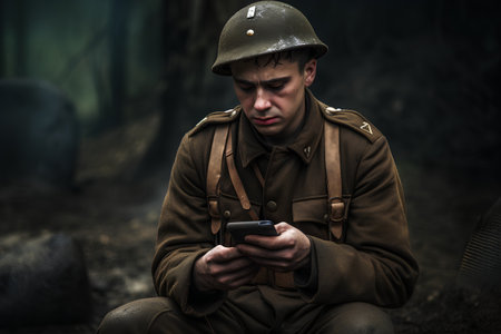 Man in Soviet WW2 military uniform with mobile phone in the forestの素材