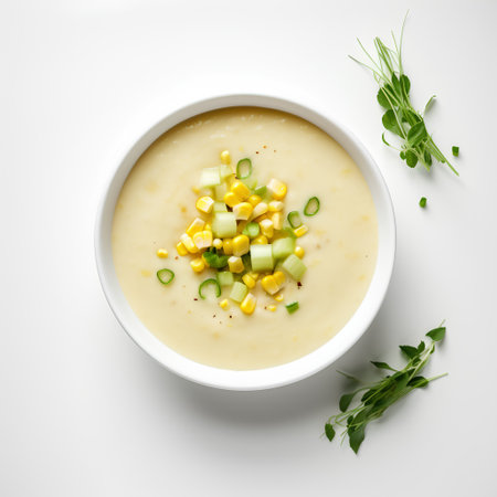 Creamy corn soup with herbs in a bowl isolated on white backgroundの素材