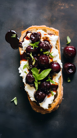 Crostini with cherries, cream cheese and basil on a dark backgroundの素材