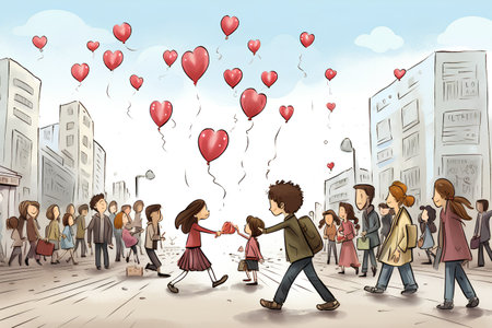 Crowd of people walking on the street with flying balloons. Vector illustration.の素材