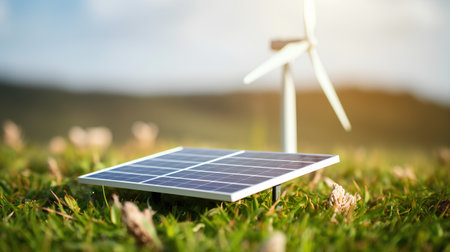 Solar panels and wind turbines on the green grass. Alternative energy concept.の素材