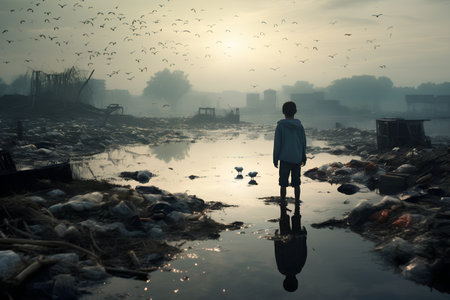 Man standing on the edge of a polluted river and looking at the trashの素材