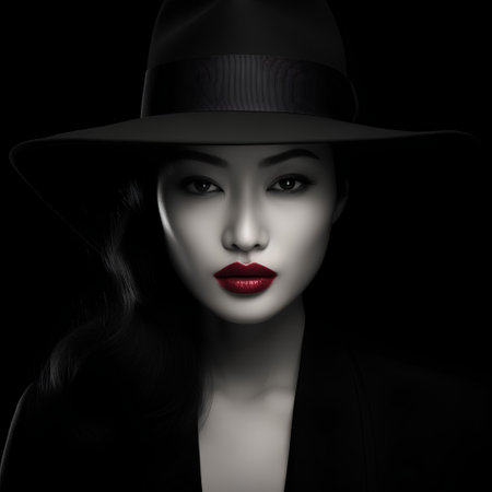 portrait of a beautiful woman in a black hat with red lipsの素材