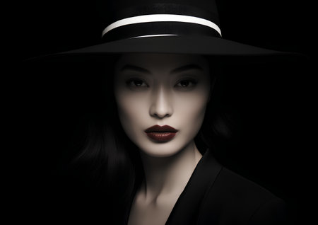 Portrait of a beautiful young woman in black hat on dark backgroundの素材
