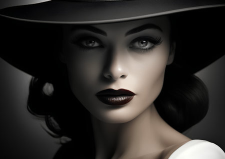 Portrait of a beautiful woman with black hat. Fashion photo.の素材