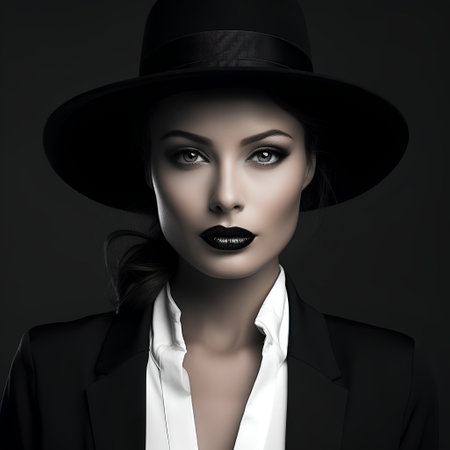 Portrait of beautiful young woman with black lips and hat. Fashion shot.の素材