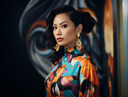 Fashion shot of a beautiful asian woman in colorful dress.の素材