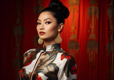Portrait of a beautiful asian woman in traditional dress on red backgroundの素材