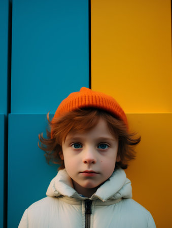 Portrait of a cute red-haired boy in a hat and jacket on a background of blue and orange wallの素材