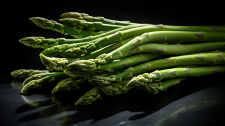 Bunch of fresh green asparagus on a black background.の素材