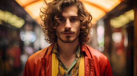 Portrait of a handsome young man with curly hair in the cityの素材