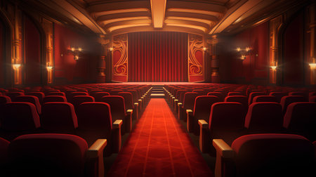 Cinema auditorium with red curtains and seats. Vector illustrationの素材