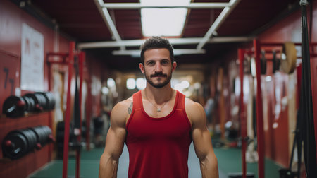 Portrait of a muscular man standing in a gym and looking at cameraの素材