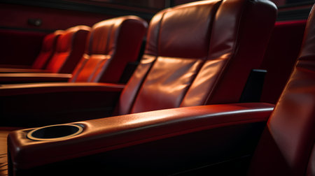 Cinema seats in the auditorium with red leather seats.の素材