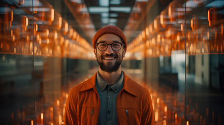 Portrait of a handsome hipster man in orange coat and hatの素材