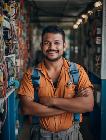 Portrait of happy indian electrician standing with arms crossed and looking at cameraの素材
