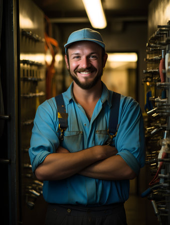 Portrait of a happy male technician standing with arms crossed in a factoryの素材