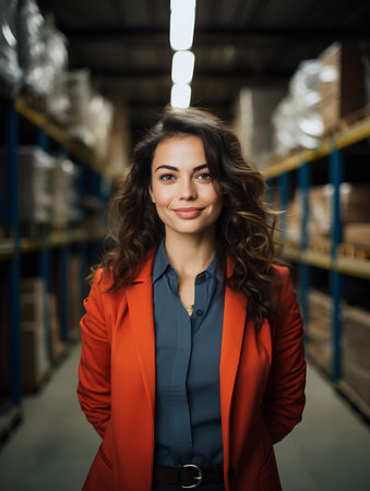 Portrait of young businesswoman standing in warehouse. This is a freight transportation and distribution warehouse. Industrial and industrial workers conceptの素材