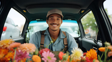smiling delivery man in apron and cap holding flowers while driving carの素材
