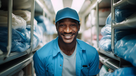 Portrait of happy african american male worker in blue uniform looking at camera in warehouseの素材